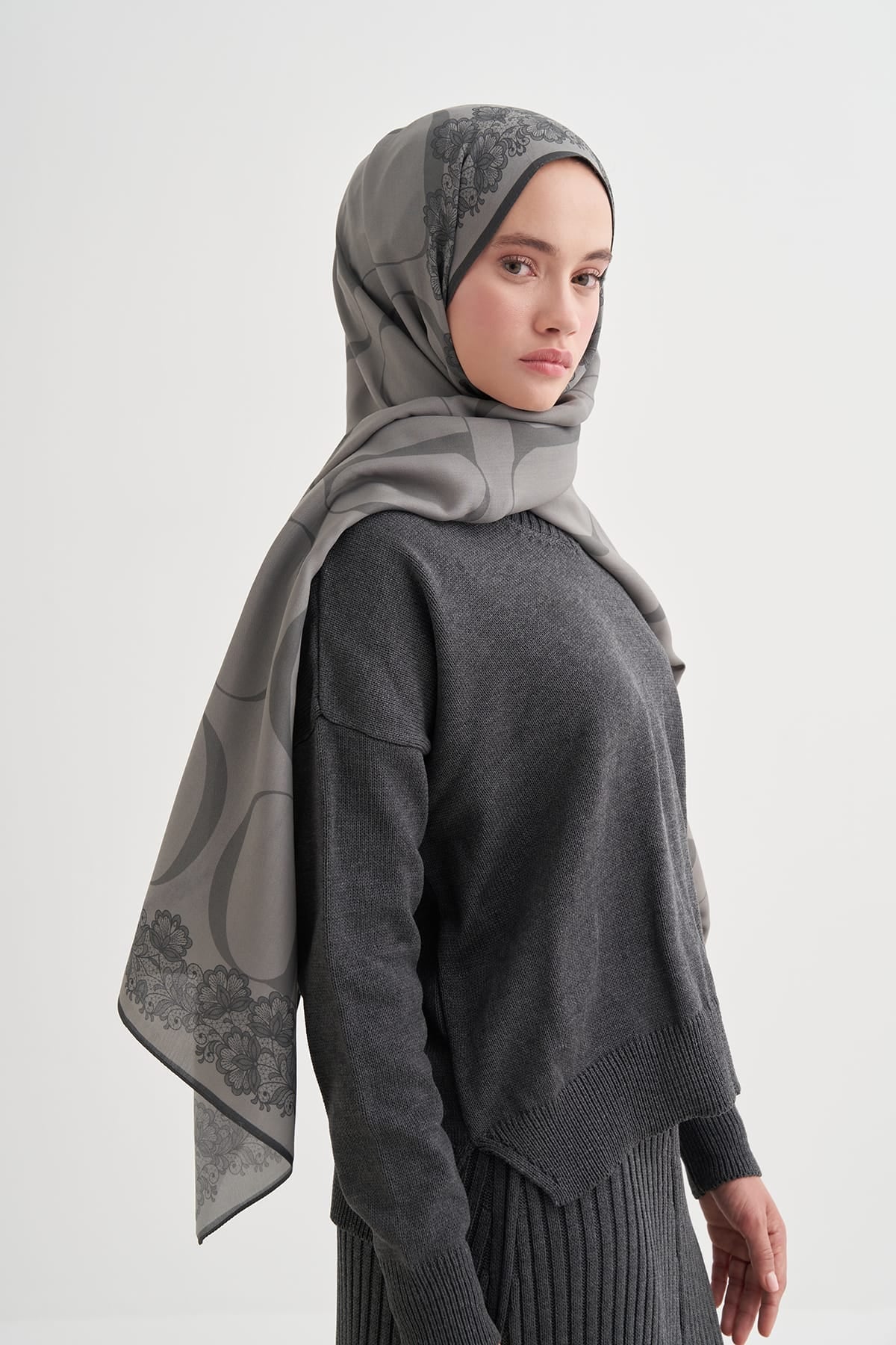 Floral Monogram Viscose/Rayon Scarf Gray