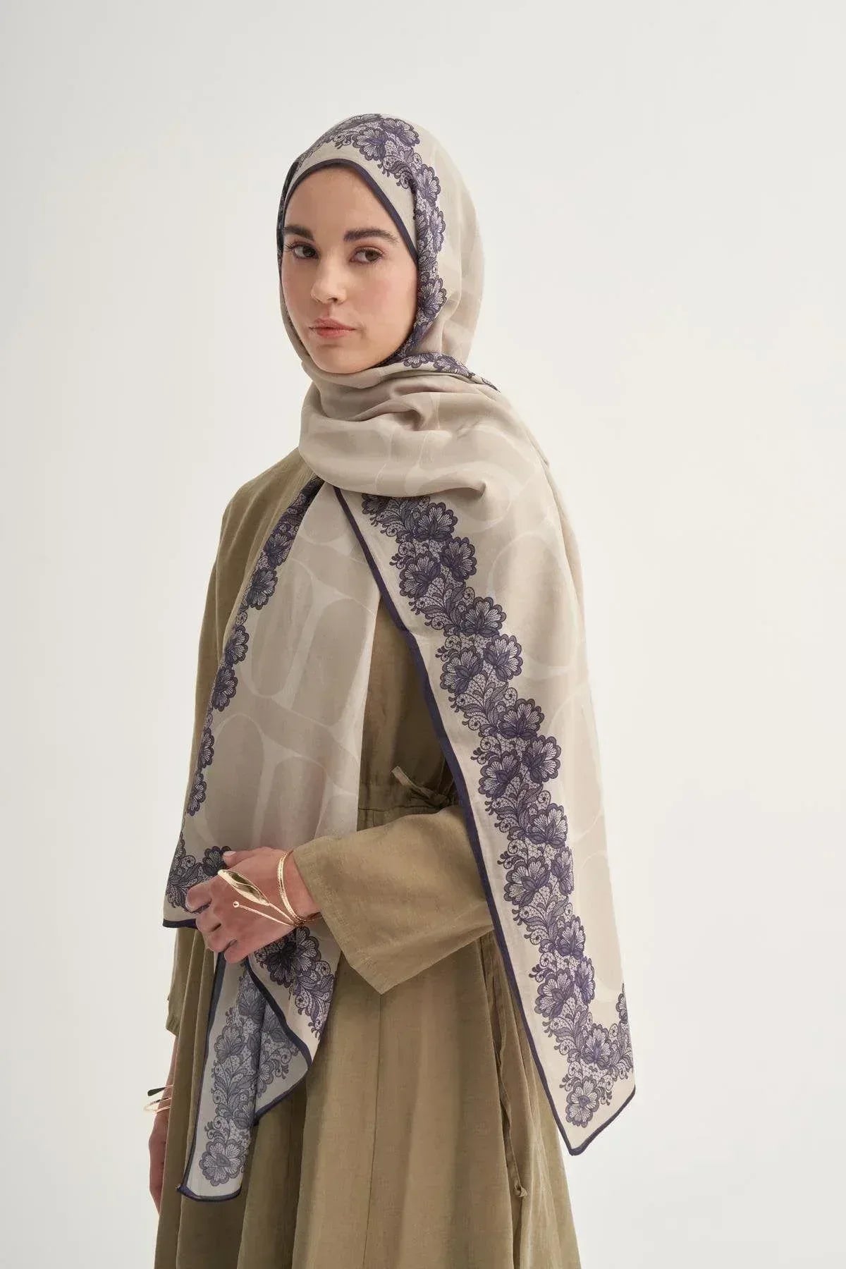 Floral Monogram Viscose/Rayon Scarf - Latte