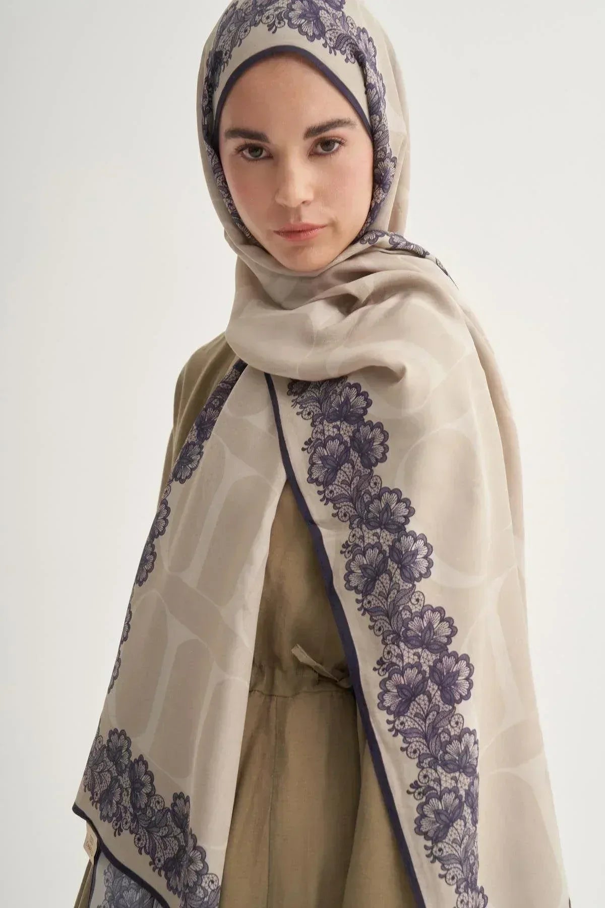 Floral Monogram Viscose/Rayon Scarf - Latte