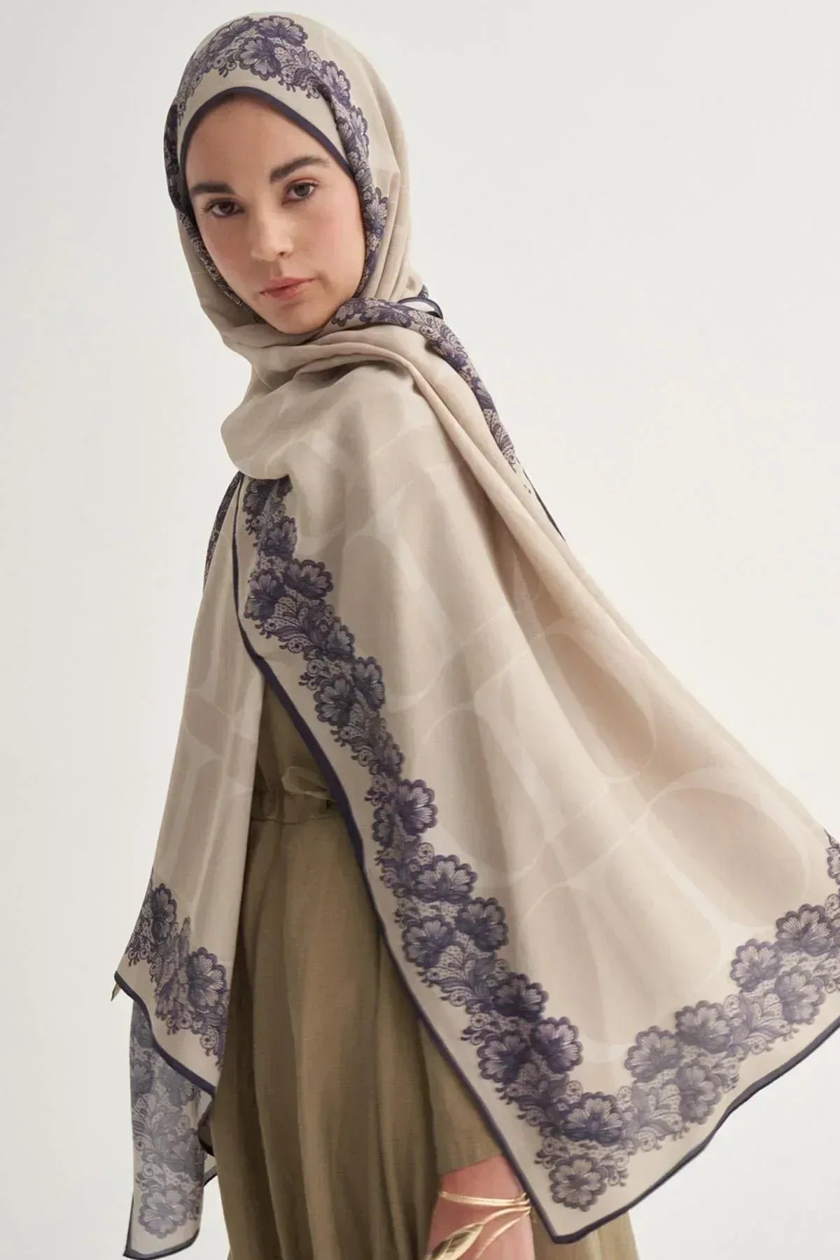 Floral Monogram Viscose/Rayon Scarf - Latte