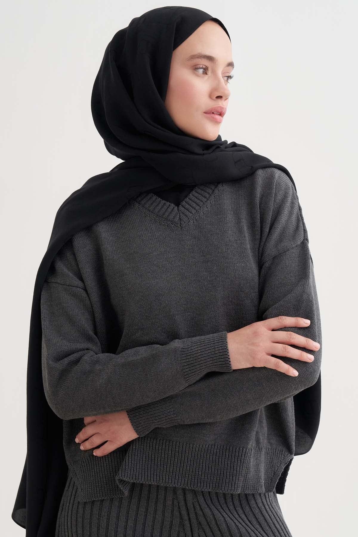 Monogram Pattern Liora Lyocell/Cotton Scarf Black